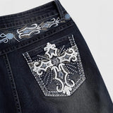 GETADME Jeans Flare Pants Women Vintage Boot Cut Embroidery Pockets Rhinestone Washed Female Distressed Denims Trousers Streetwear