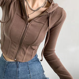 GETADME Thin Hooded Cardigan Women Korean Vintage Slim Summer Solid Sports Jacket Vertical Pit Stripe Zipper Female Sexy Cropped Tops