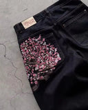 GETADME Gothic Sakura Jeans Y2K Clothes Men Women Harajuku Casual Sakura Embroidery Vintage Black Baggy Jean High Waist Wide Leg Trouser