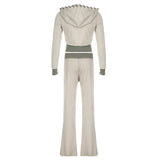 GETADME 레오삭스 패치워크 2피스 세트 트랙수트 여성 지퍼 와이드 허리 크롭 후드 포켓 재킷 + 스포티 팬츠 매칭 캐주얼 베이직 수트