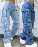 GETADME Denim Trousers Women2025 New Fashionable Solid Color Versatile Large Size High Waist Multi-pocket Casual Pants