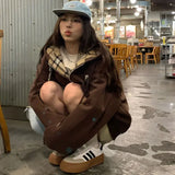 GETADME Brown Zip Up Hoodie Women 2025 Autumn Lattice stitching Long Sleeve Casual Oversized Sweatshirt Solid Jacket Women Clothing