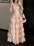 GETADME French Sweet Elegant Women Dresses Vintage Design Irregular Strap Evening Dress Fashion Female Puffy Korean Popular Long Dresses