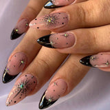 GETADME 24개 롱 프레스 온 네일 스틸레토 블랙 실버 리본 비대칭 가짜 네일 파우더 풀 커버 가짜 네일 세트 저렴한 네일