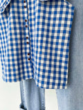 GETADME Korobov French Blue Plaid Ruffled Sleeveless Shirt Women's Clothing Summer Loose Blouses Doll Age Reduction Sweet Fashion Top