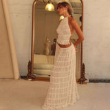 GETADME 2025 Summer Party Elegant Women Beach Skirt Suit Sleeveless Backless Cropped Halter Lace Up Tops And Long Skirts Two Piece Sets