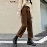 GETADME Vintage Corduroy Wide Leg Pants Women High Waist Pockets Baggy Trousers Streetwear Korean All Match Black Casual Straight Pants