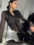 Blouses à manches longues évasées pour femmes, lacées, en maille, sexy et tendance, style coréen, couleur unie, élégantes et décontractées.