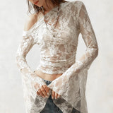GETADME SUCHCUTE Sexy Skew Collar Sheer Lace T-Shirts Women Flared Sleeves Slim Crop Tops Chic Casual Pullovers Smock Summer Party Club