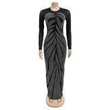 GETADME Elegant Mesh Patchwork Luxury Zip Up Full-Sleeve Evening Party Banquet Prom Long Dress High Waist Slim Elastic Maxi Vestido