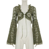 GETADME Green Y2K Mori Girl Flared Sleeve Cardigan For Women Tie-up Lace Cover-Ups Perspective Ruffes Cropped Shirts Coquette