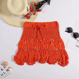 GETADME Handmade Crochet Hollow Out Swimwear Cover Up Solid Color Drawstring Short Skirt Women Holiday Knitting Sweet Beachwear