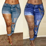 GETADME Women Jeans Pencil Pants Denim Sexy Big Holes Chain Washing Slim Pockets Streetwear Spring 2025 Slight Strech Solid Color