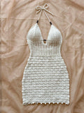 GETADME Women's V-Neck Strapless Dress, Hollow Out, Wooden Bead, Slim Fit, Gradient Color, Knitted, Sexy, Vacation Wear