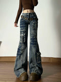 GETADME American Vintage Street Style Y2K Jeans Women's High-street Multi-pocket Cargo Flared Floor-grazing Jeans Casual Punk Long Pants