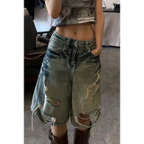 GETADME Women's Distressed Washed Denim Capris Loose Wide-Leg Ripped Mid-Length Jeans