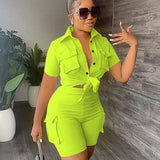 GETADME 여성용 스트리트웨어 투피스 세트 여름 복장 포켓 반팔 버튼업 셔츠 상의 반바지 세트 파티 클럽 매칭 세트