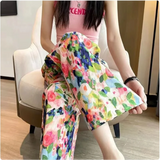 GETADME Women New Summer Pants Beach Vacation Wide Leg Pants Multi Color Printed Trends Pants