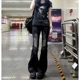 GETADME Low Waist Vintage Denim Jeans Women's Printed Elastic Millennium Flared Pants Early Taste Design Classic Long Pants Cotton