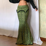 GETADME Lace Stitching Skirts For Women Vintage Floral Printing Green Elegant Evening Party High Elastic Waist Mermaid Skirts Fall 2025