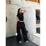 GETADME Y2K 블랙 카고 팬츠 여성 스트리트웨어 레이스업 배기 스웨트 팬츠 하라주쿠 오버사이즈 와이드 레그 조거 팬츠 갸루 트랙 팬츠