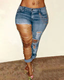GETADME Women Jeans Pencil Pants Denim Sexy Big Holes Chain Washing Slim Pockets Streetwear Spring 2025 Slight Strech Solid Color