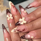 GETADME 24Pcs 3D Strawberry Rabbit Flower Fake Nails Press on Mid-length Almond Wearable False Nails Green Gradient Pearl Manicure Tips