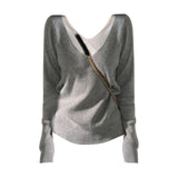 Getadme-Autumn Fake Two Pieces V Neck Casual Contrast Color Women Sweaters Long Sleeve Pullovers All Match Chic Fashion Jumpers