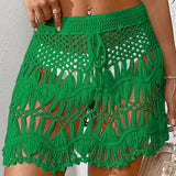 GETADME Handmade Crochet Hollow Out Swimwear Cover Up Solid Color Drawstring Short Skirt Women Holiday Knitting Sweet Beachwear