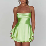 GETADME Satin Silk Women Sexy Cami Playsuits Dress Solid Cowl Neck Sleeveless Short Jumpsuits Summer Cross Tie-Up Backless Romper