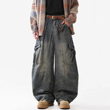 GETADME Retro Multi Pocket Curved Knife Jeans Autumn And Winter Vintage Wide Leg Workwear Pants Korean Version High Street Men'S Jeans