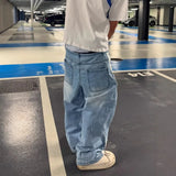 GETADME Wide Leg Jeans Men Straight Pants Vintage Patchwork Washed Distressed Mid Waist Pockets 2025 Streetwear Denims Loose Trousers