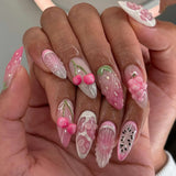 GETADME 24Pcs 3D Strawberry Rabbit Flower Fake Nails Press on Mid-length Almond Wearable False Nails Green Gradient Pearl Manicure Tips
