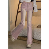 Getadme-Fashion Elastic Pink Ruffled Patchwork Jeans Women Spring Autumn Solid High Waist Button Zippere Pocket Washed Slim Flared Pants