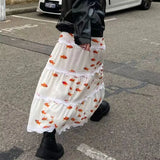 GETADME Spicy Girl Vintage Skirts Y2K Clothes Cute Goldfish Printed Midi Skirt Women High Waist Lace Splicing Cake Kawaii Skirt