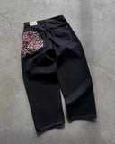 GETADME Gothic Sakura Jeans Y2K Clothes Men Women Harajuku Casual Sakura Embroidery Vintage Black Baggy Jean High Waist Wide Leg Trouser