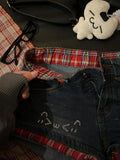 GETADME Red Plaid Curled Low-rise Denim Shorts Women's Summer New Design Diamond-encrusted Retro Jeans Y2k Shorts