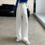 Pantalon tailleur GETADME pour femme, taille haute, longueur au sol, blanc, coupe ample, jambes larges, idéal pour l'automne et l'hiver. Pantalon droit long pour femme, parfait pour le bureau.