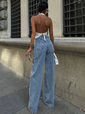 GETADME 2025 Designer Women's Jeans Pant Blue Denim With Sheer Mesh Knee Panels Hip Hop Style Distressed High Waist Streetwear Trousers