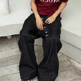 GETADME Korean High Street Buckle Curved Jeans Autumn Men'S Loose Straight Leg Pants Black Wide Leg Pants Casual Pants Hip-Hop Pants