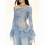 GETADME Women's Denim Cutout One-Shoulder Top Bell Sleeve Ruched Crop Top Y2K Streetwear Fashion