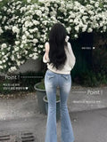 GETADME Sand Blast Washed Korean Fahion Internet Celebrity Hot Sell Jeans Low Waist Flare Jeans Cotton Elastic Denim Pants Women