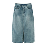 GETADME 여름 신상품 하이웨이스트 슬릿 데님 스커트 여성용 워시드 레트로 A라인 스커트 엉덩이 덮는 스트레이트 롱 스커트