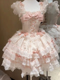 GETADME Japanese Sweet Lolita Kawaii  Fluffy Dress Women JK Lovely Ballet Princess Cake Dresses Harajuku Lace Bow Patchwork Cute Outfit