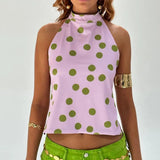 GETADME Combhasaki Women's Y2K Button Closure Halter Neck Crop Tops Sleeveless Backless Aesthetic Dots/Tie-dye Flower Print Summer Vests