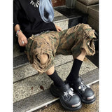 GETADME Women Short Jeans Camouflage American Ripped Y2K Straight Streetwear Wide Leg Pants Female Summer Knee Length Denim Shorts
