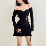 Getadme-lack 가을 섹시 여성 드레스 레이스업 긴팔 등받이 없는 오프숄더 캐주얼 드레스 파티 우아한 홀로우 아웃 A라인 드레스