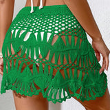 GETADME Handmade Crochet Hollow Out Swimwear Cover Up Solid Color Drawstring Short Skirt Women Holiday Knitting Sweet Beachwear