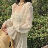Getadme-2024 Summer Cardigan Women Long-sleeved Solid Color Flare Sleeve Korean Style Office Lady Versatile Casual Chiffon Blouse Female
