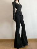 GETADME 2025 Y2k Retro Emo 2000s Women's Black Flare Pants Streetwear Fashion Trousers Harajuku Wide Yoga Pants 90s Aesthetic Clothes
